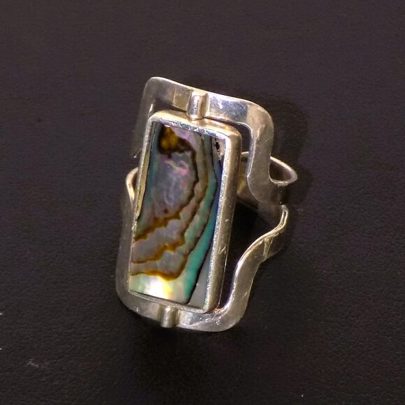 Vintage 950 Silver Reversible Turquoise & Abalone Rotating Cuff Ring 7.5 to 9.5 - Picture 4 of 7